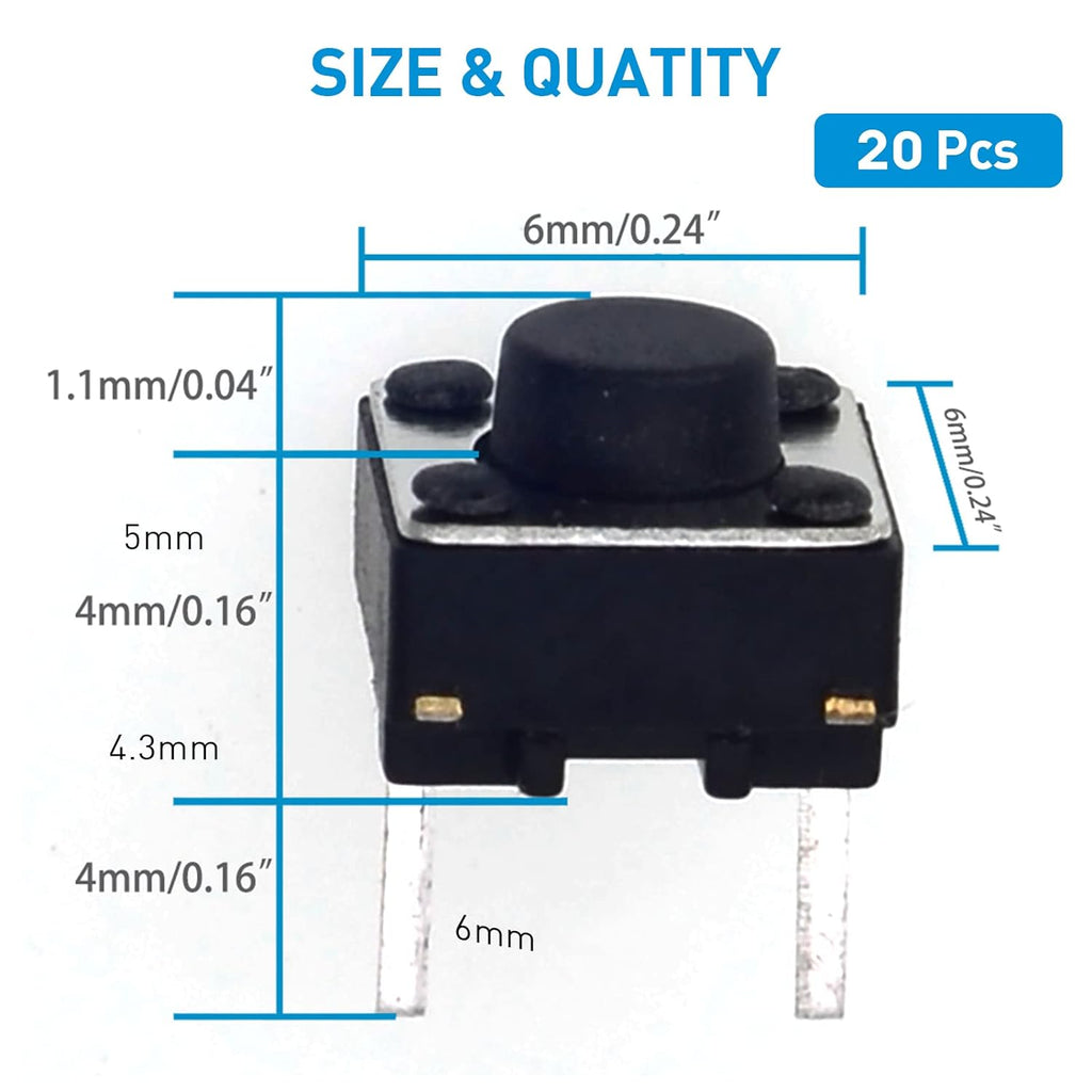 20 Pcs 6mm 2 Pin Momentary Tactile Tact Push Button Switch Through Hole Breadboard Friendly for Panel PCB