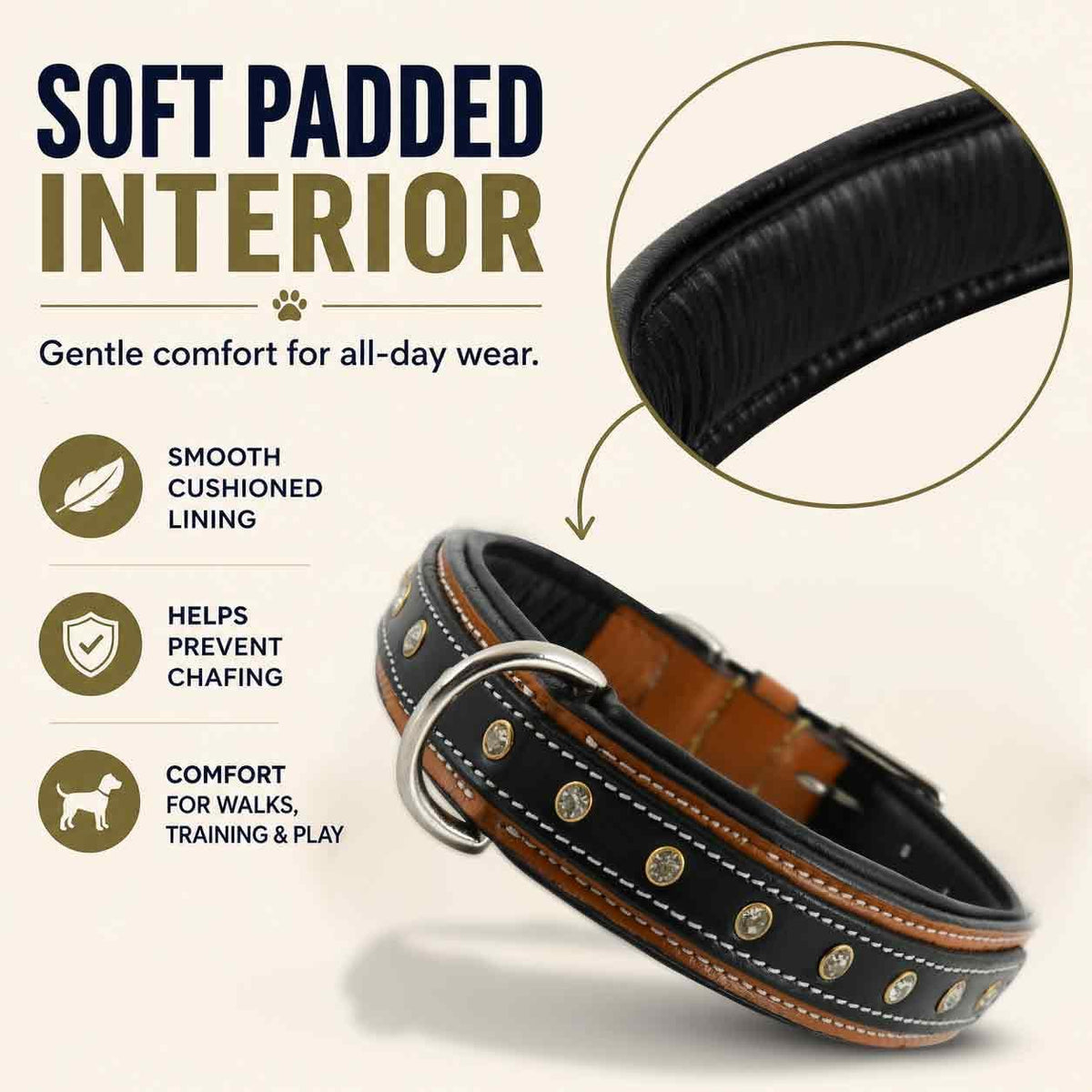GemForge Duo Leather Dog Collar, Soft Padded, Medium, Brown