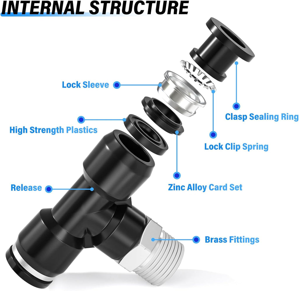 TAILONZ 1/4" OD x 1/8" MNPT Push to Connect Branch Tee Fitting 10Pcs