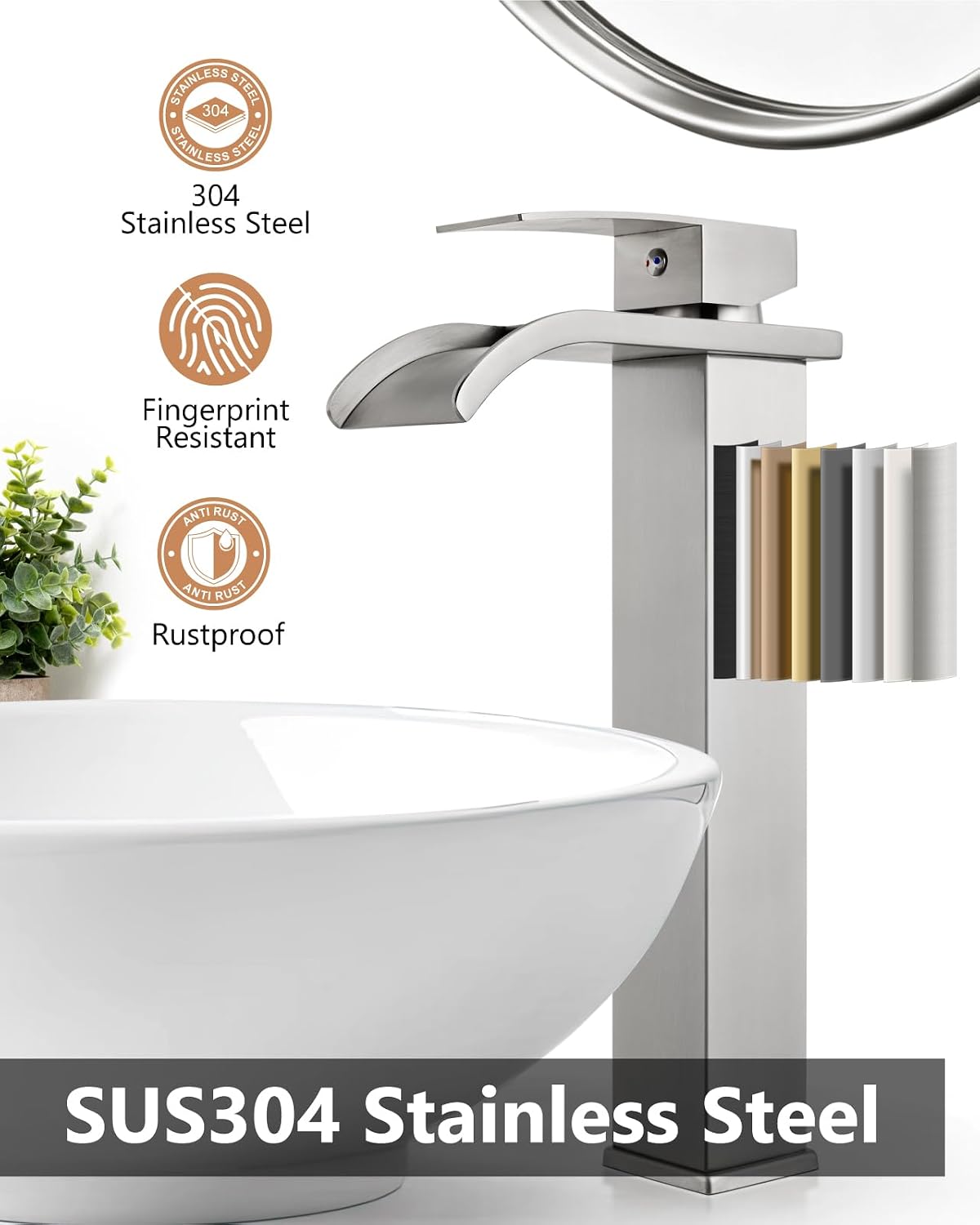 Brushed Nickel Waterfall Vessel Sink Faucet,Tall Bathroom Faucet