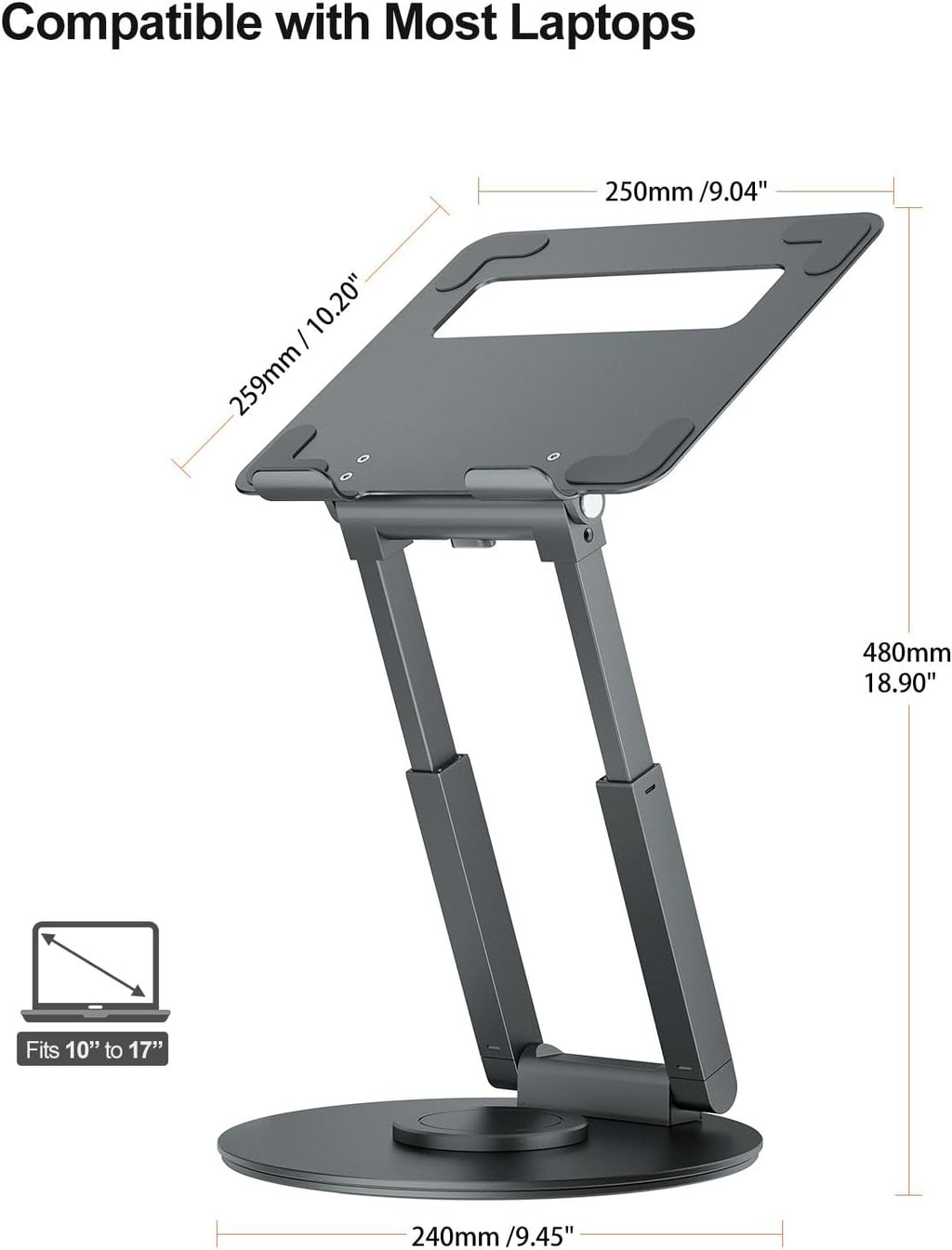 Telescopic Laptop Stand for Desk with 360° Swivel Base, Sit to Stand, Height Adjustable, Portable Riser Holder for