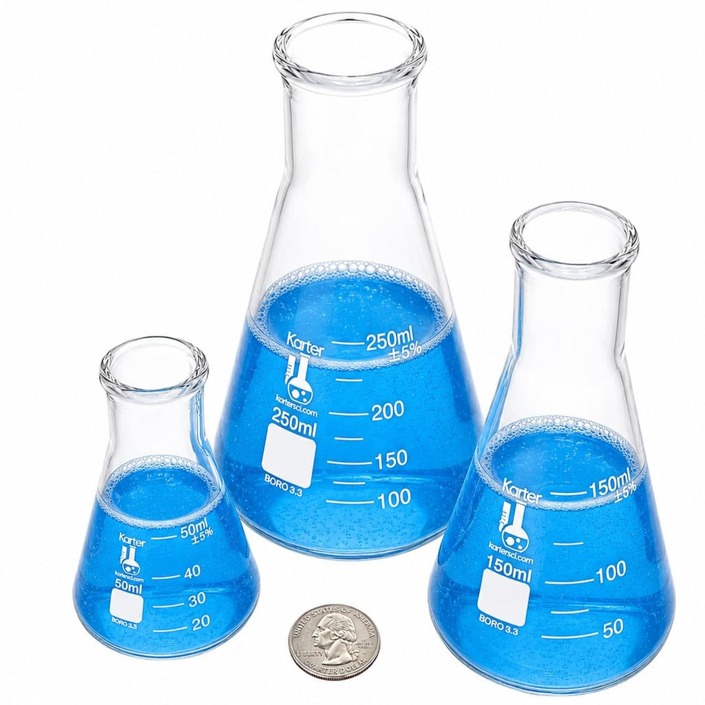 Glass Erlenmeyer Flask Set - 3 Sizes - 50, 150 and 250ml, Karter Scientific