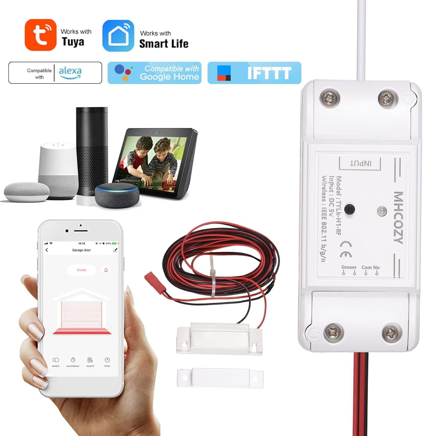 5V WiFi Smar Garage Door Opener Remote Controller,Monitor Garage Open Close Status by Phone Tuya app
