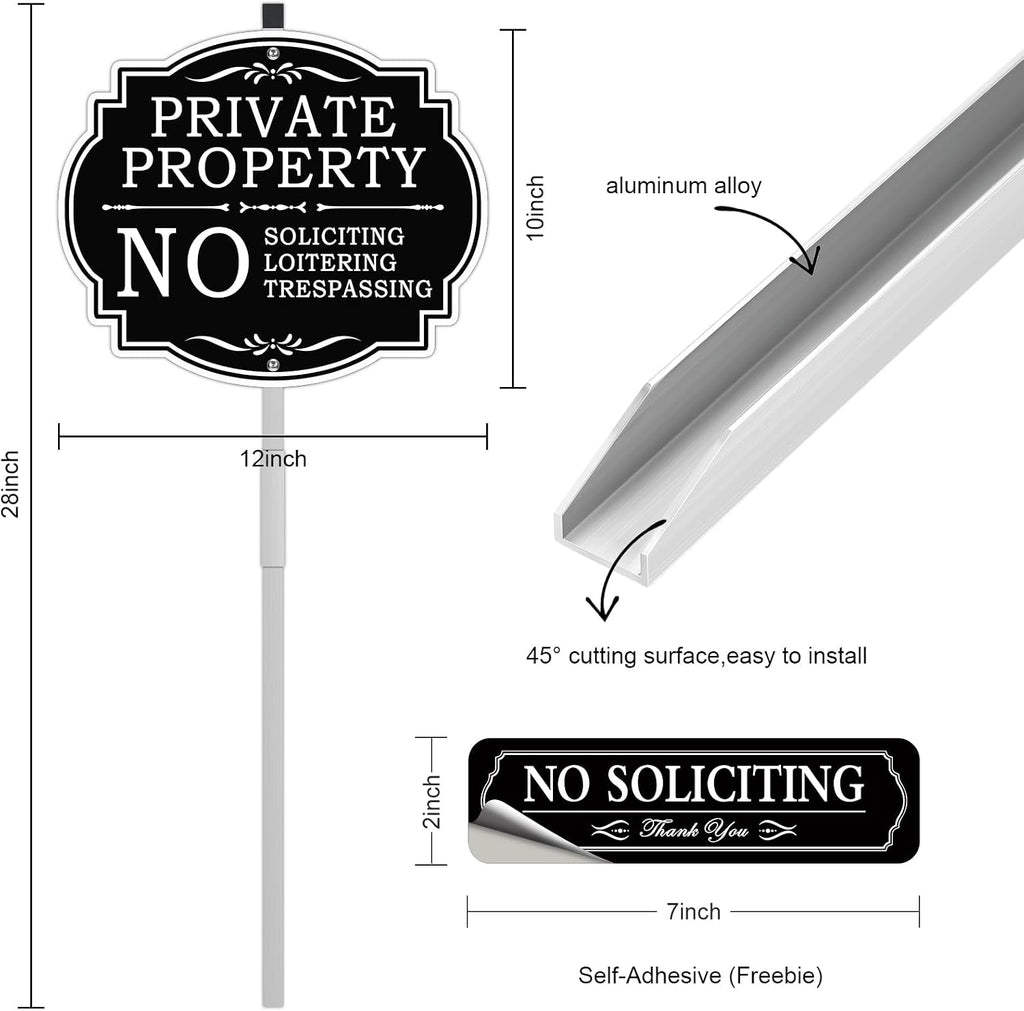 No Soliciting Sign for House with Metal Stake, 12" x 28" Private Property No Trespassing No Loitering Sign for Yard