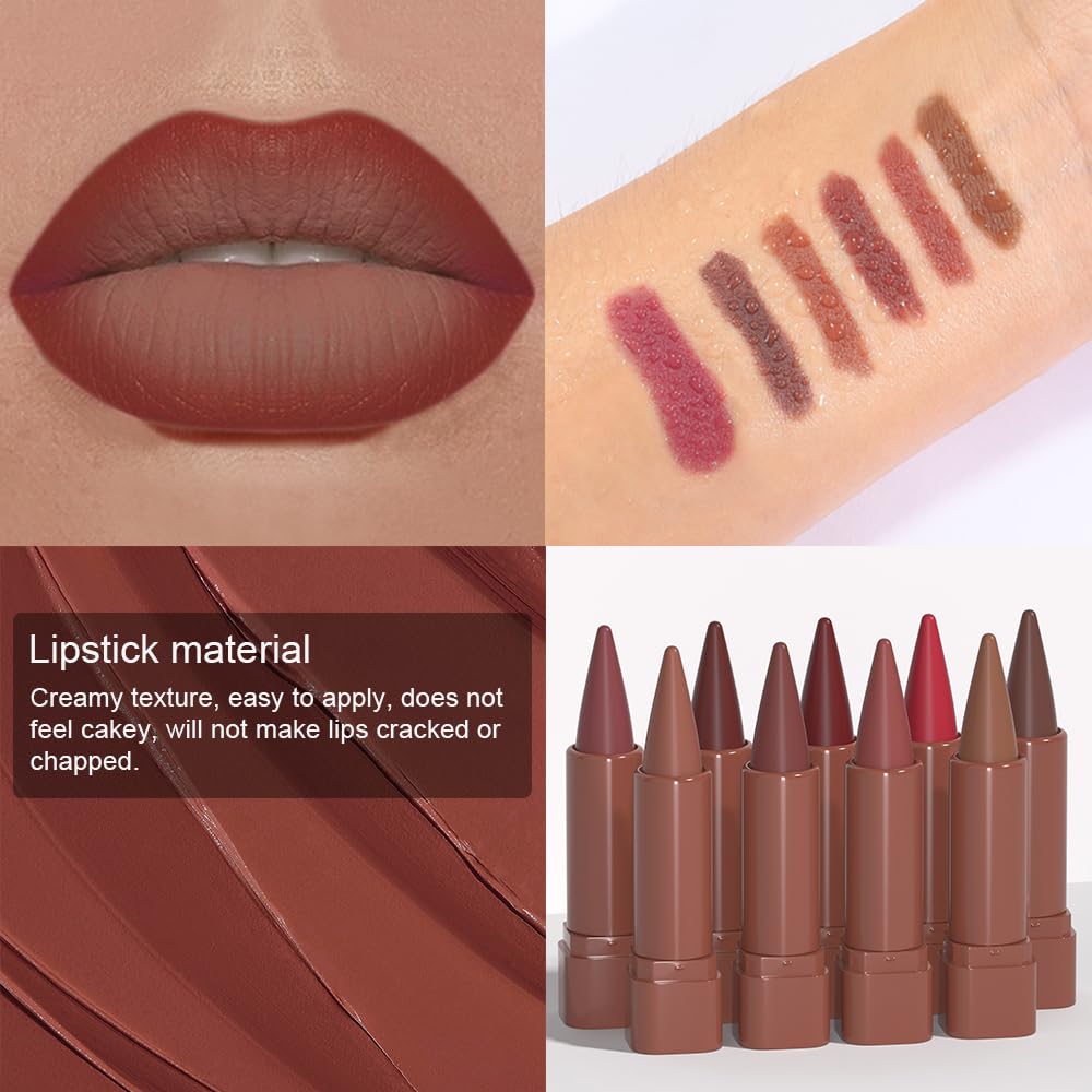 6Pcs Warm Red Brown Nude Maroon Dark Wine Gradient Matte Lipstick Lip Liner Crayon Combo Pencil Set for Women