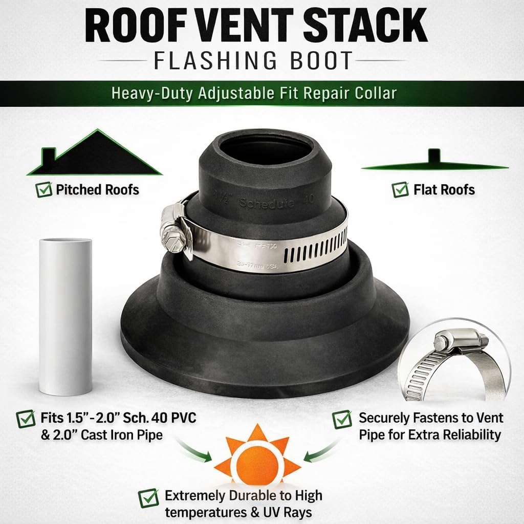 Roof Collar Repair Boot Vent Flashing for 1.5"–2" Pipe — Durable Thermoplastic Rubber Roof Vent Flashing with