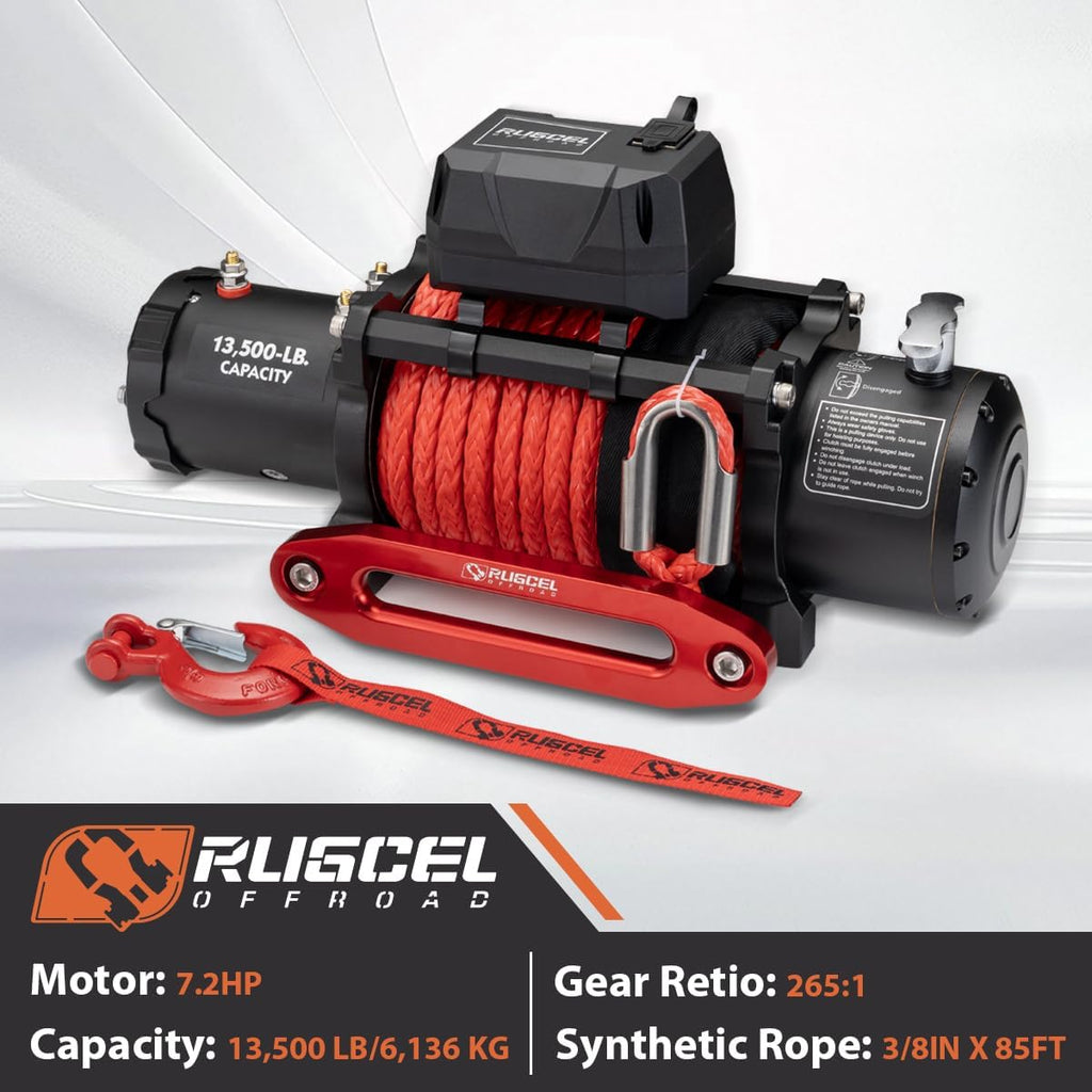 13500lb Waterproof Electric Truck Winch 12V Synthetic Rope Winch with Hawse Fairlead,Wired Handle and 2 Wireless Remote
