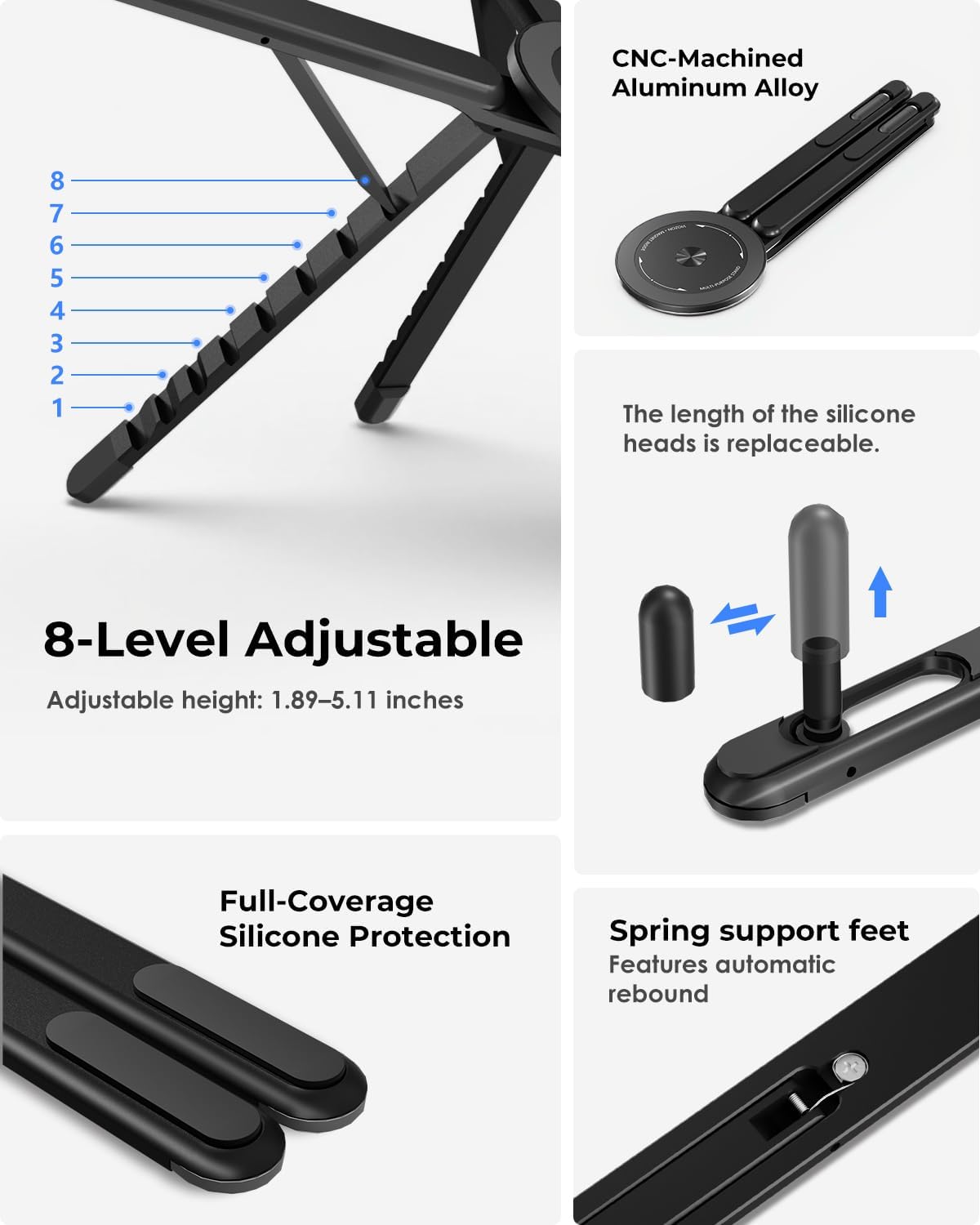 Portable Laptop Stand for Desk, Foldable Adjustable Computer Riser with Magnetic Phone Holder, Aluminum Laptop Stand
