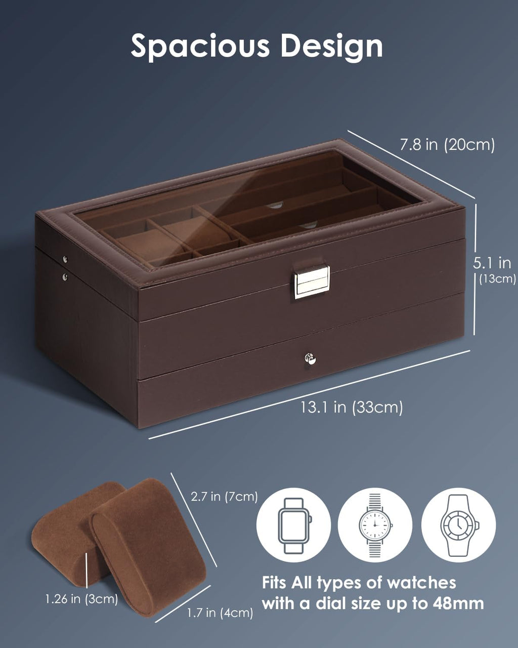 Watch Jewelry Box Organizer, 6-Slot 2-Layer Watch Case and Sunglasses Storage with Large Glass Lid, Men's Jewelry Box