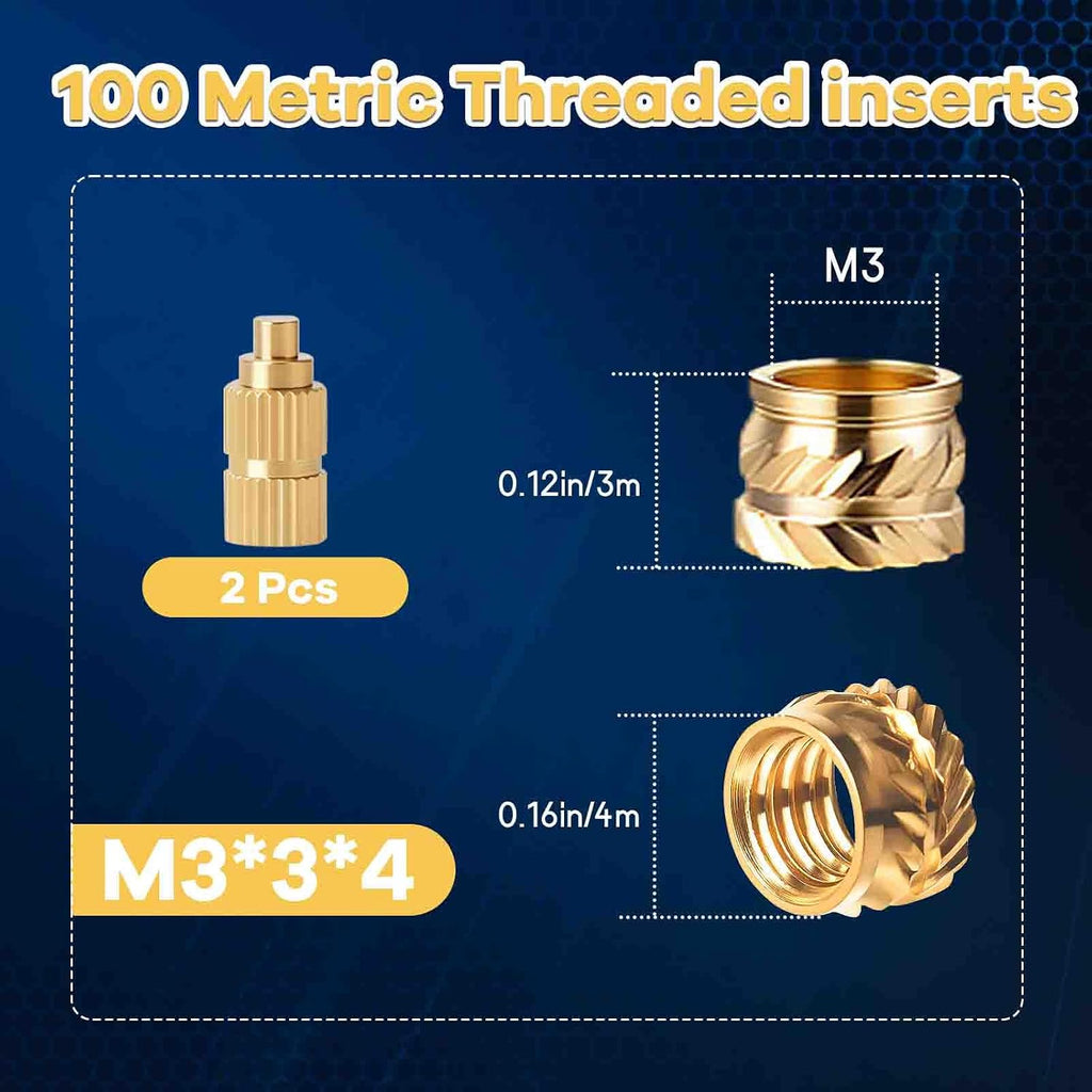 100PCS M3x3x4mm Heat Set Inserts Kit with 2PCS M3 Heatset Adapters
