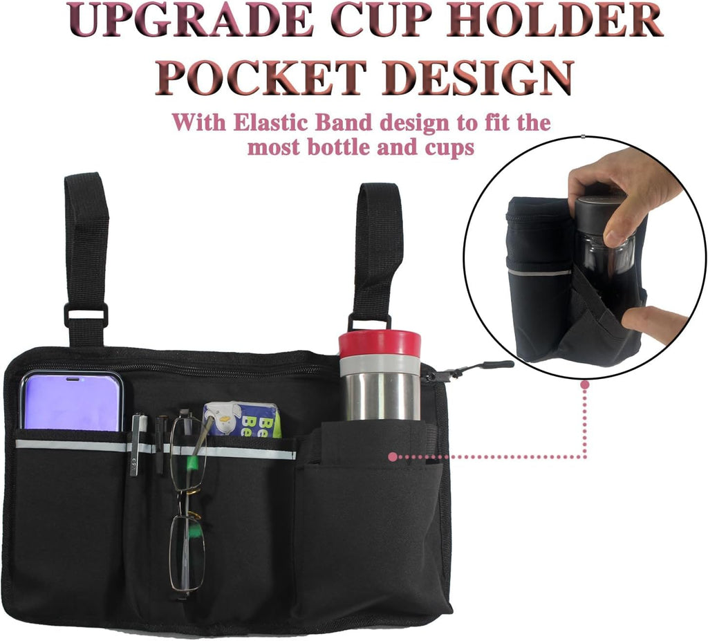 Wheelchair Pouch Side Pocket,Wheel Chair Cup Holder,Electric Wheelchair Accessories,Wheelchair Side Bag with Cup