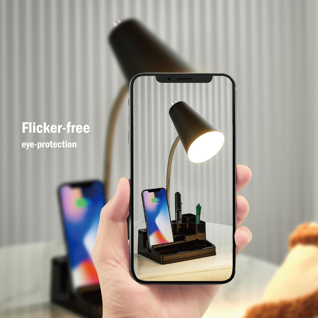 Small Desk Lamps for Home Office, Table Lamp with USB Port and Outlet, Desktop Lamp with Pen Holder, Flexible Neck