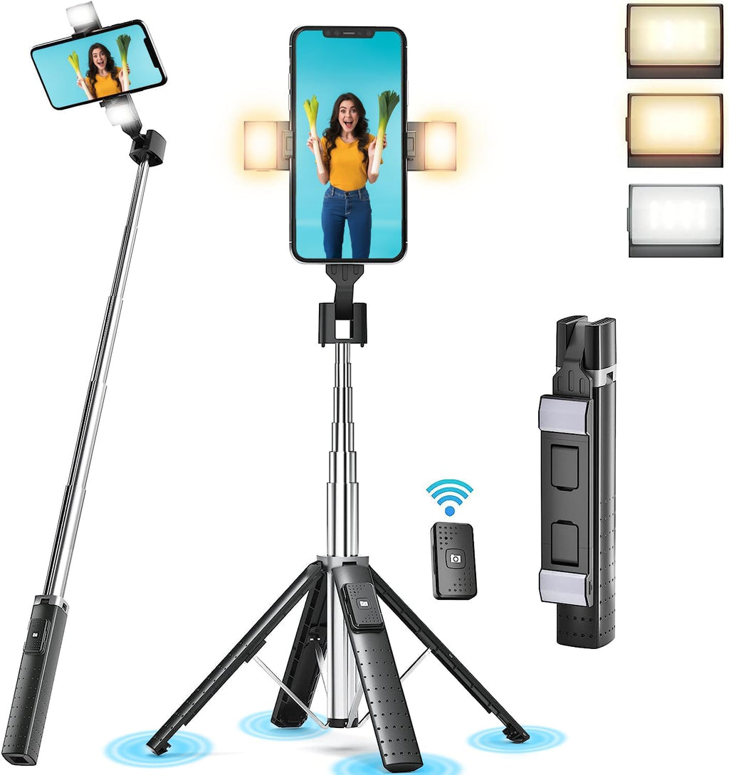 41” Selfie Stick Tripod Quadrapod with 2 Rechargeable Fill Light, Extendable Tripod with Bluetooth Remote, Stainless