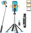 41” Selfie Stick Tripod Quadrapod with 2 Rechargeable Fill Light, Extendable Tripod with Bluetooth Remote, Stainless