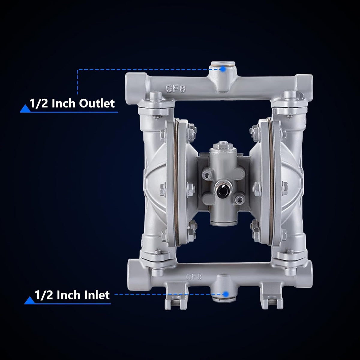 Double Diaphragm Pump Air Operated 1/2 inch Inlet/Outlet Pneumatic Waste Oil Transfer Pump for Chemical QBK-15P 9 GPM Dual Diaphram Polypropylene Nitrile Rubber by Stainless Steel Iron 120 PSI