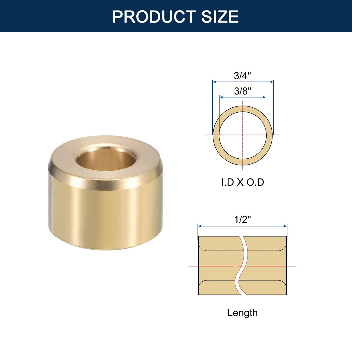 HiPicco Sleeve Bearing, 3/8" Bore x 3/4" OD x 1/2" Length Cast Brass Self-Lubricating Bushing Plain Shaft Bearings