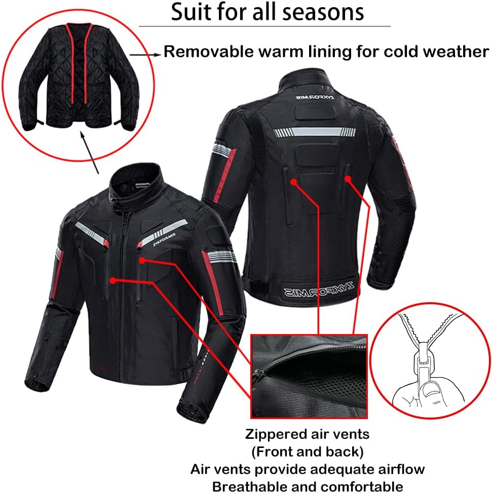 Motorcycle Jacket for Men with Removable CE Armor All Season | CE Protective Gear, 600D Oxford, Water Resistant