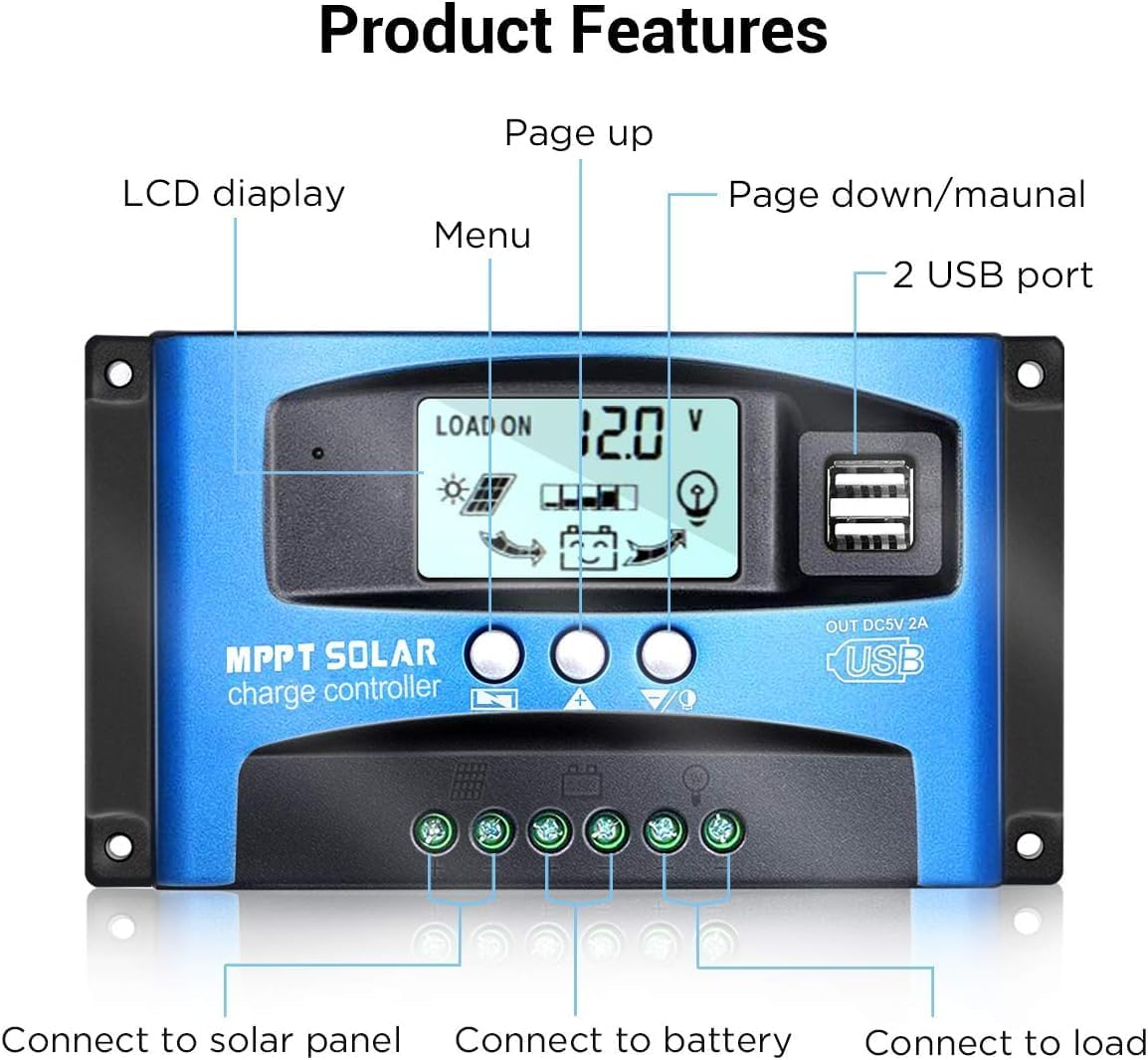 MPPT Solar Charge Controller 100A 12V/24V Auto Solar Panel Intelligent Regulator with Dual USB Port LCD Display for