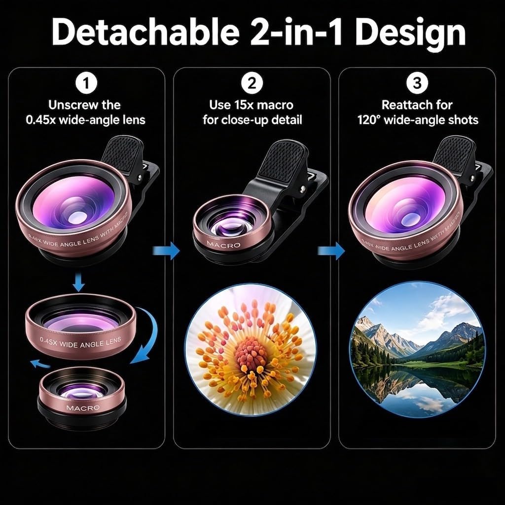 Phone Camera Lens Kit, 0.45X Super Wide Angle Lens + 15X Macro Lens 2 in 1 Professional Lens Attachment for Phone