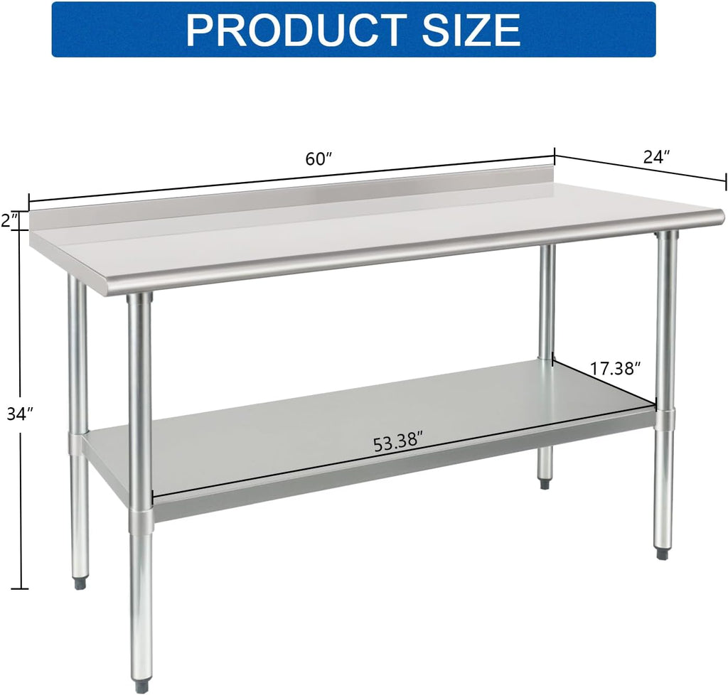 HARDURA Stainless Steel Prep & Work Table 24 x 60 Inches Backsplash