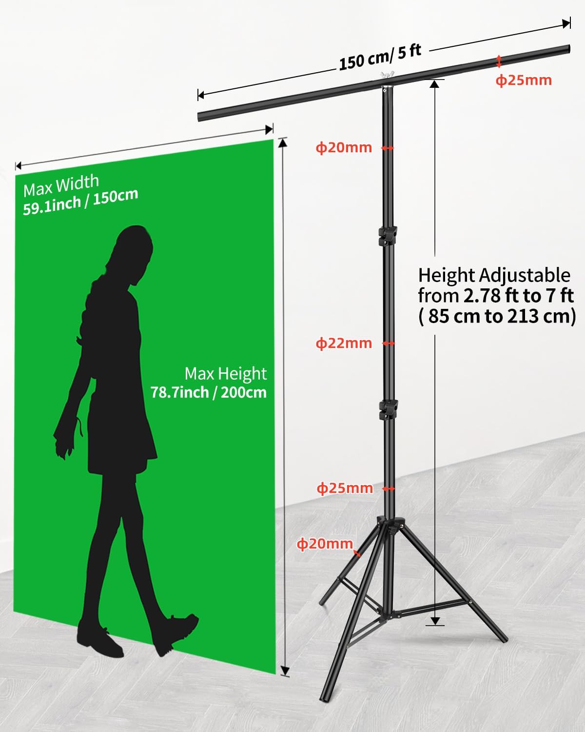Green Screen Stand 7x5 ft(HxW) with 6.5x5 ft Backdrop Kit | Chromakey