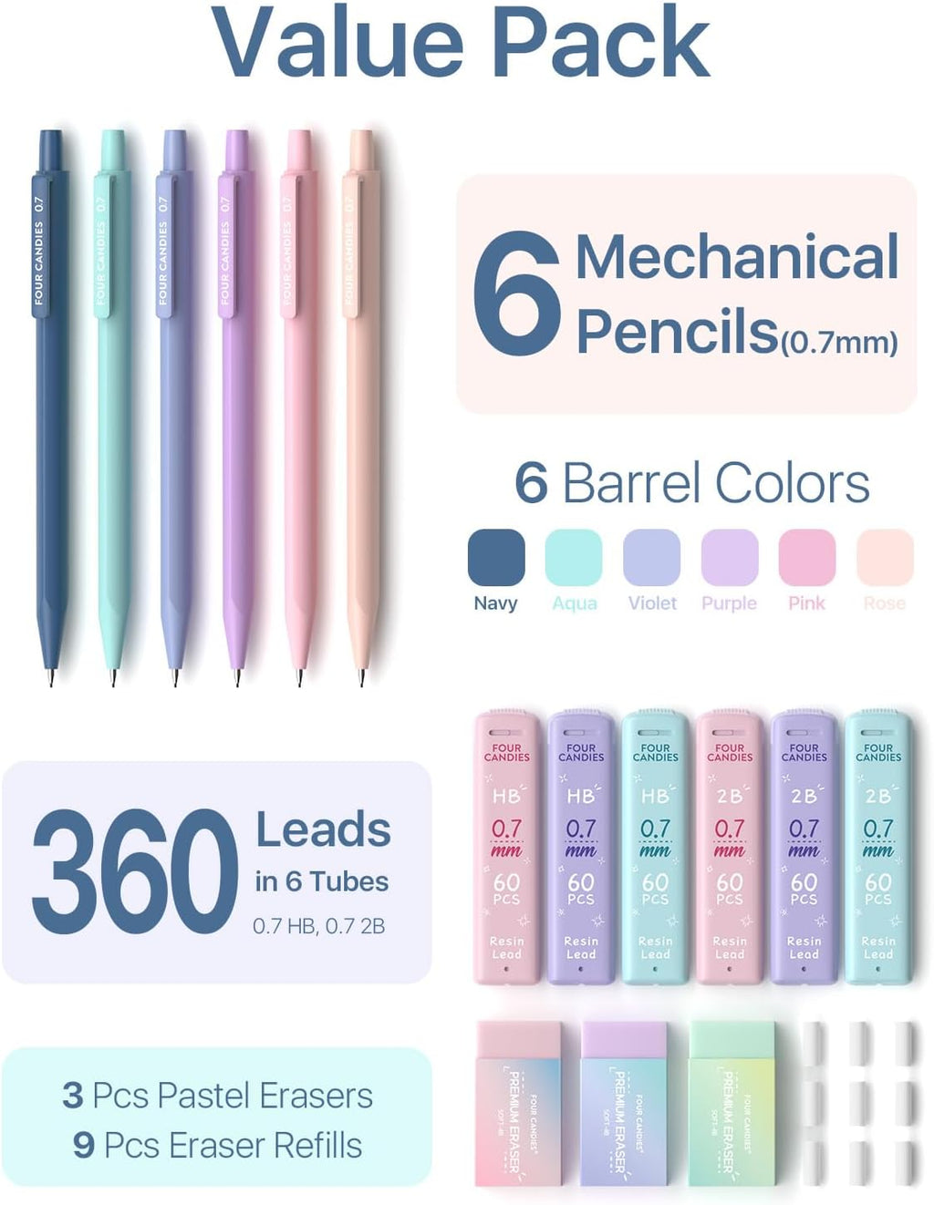 Cute Mechanical Pencil Set, 0.7mm Medium Point, 6-Count Pack | 360 HB/2B Leads, 3 Erasers, 9 Eraser Refills, Storage