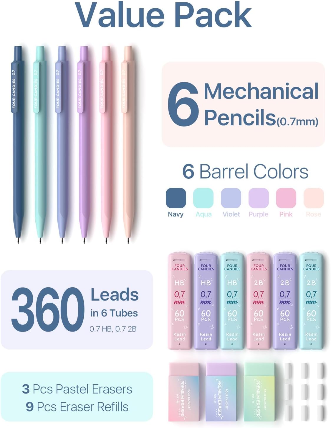 Cute Mechanical Pencil Set, 0.7mm Medium Point, 6-Count Pack | 360 HB/2B Leads, 3 Erasers, 9 Eraser Refills, Storage