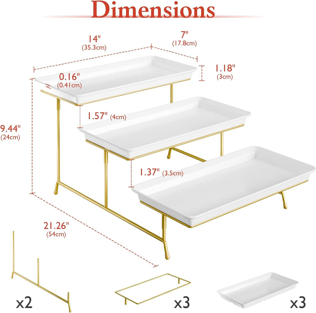 3-Tier Melamine Serving Tray Set, 14 x 7 in, Gold Stand