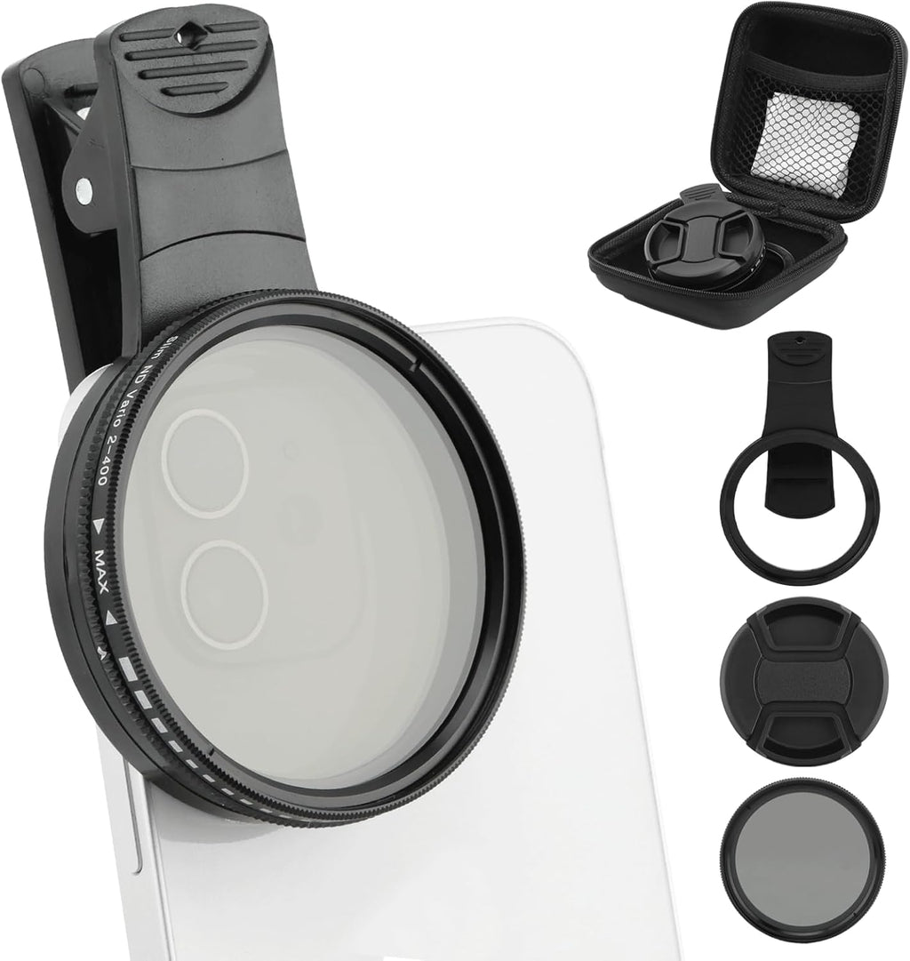 52MM Variable ND2-ND400 Filter, Clip-on Phone Lens ND Filter Kit Multi-Coated Adjustable Neutral Density Filter