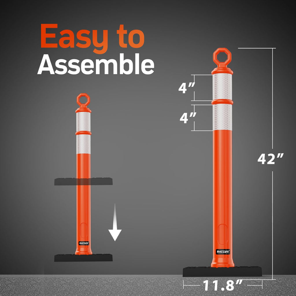 42 Inch Orange Traffic Cones Delineator Posts with Base 6 Pcs | 11.8" x 11.8" weighted base with reflective collars
