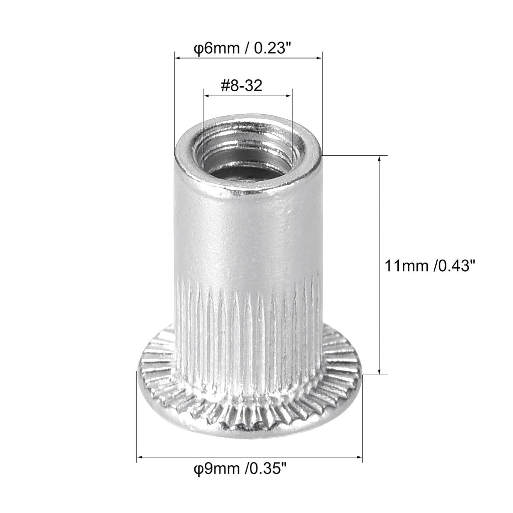 uxcell #8-32 Rivet Nuts Aluminium Alloy Knurled Flat Head Threaded Insert Nut Silver 50pcs