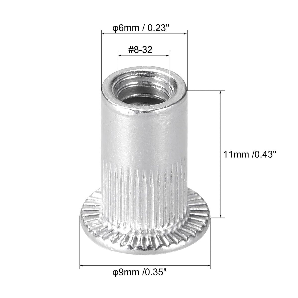 uxcell #8-32 Rivet Nuts Aluminium Alloy Knurled Flat Head Threaded Insert Nut Silver 50pcs