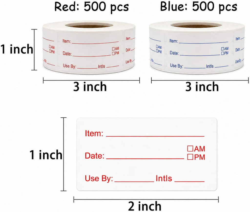 1 x 2 Inch Removable Food Labels, Date Label Stickers for Kitchen, 2 Rolls 1000 Pieces Freezer Labels for Food
