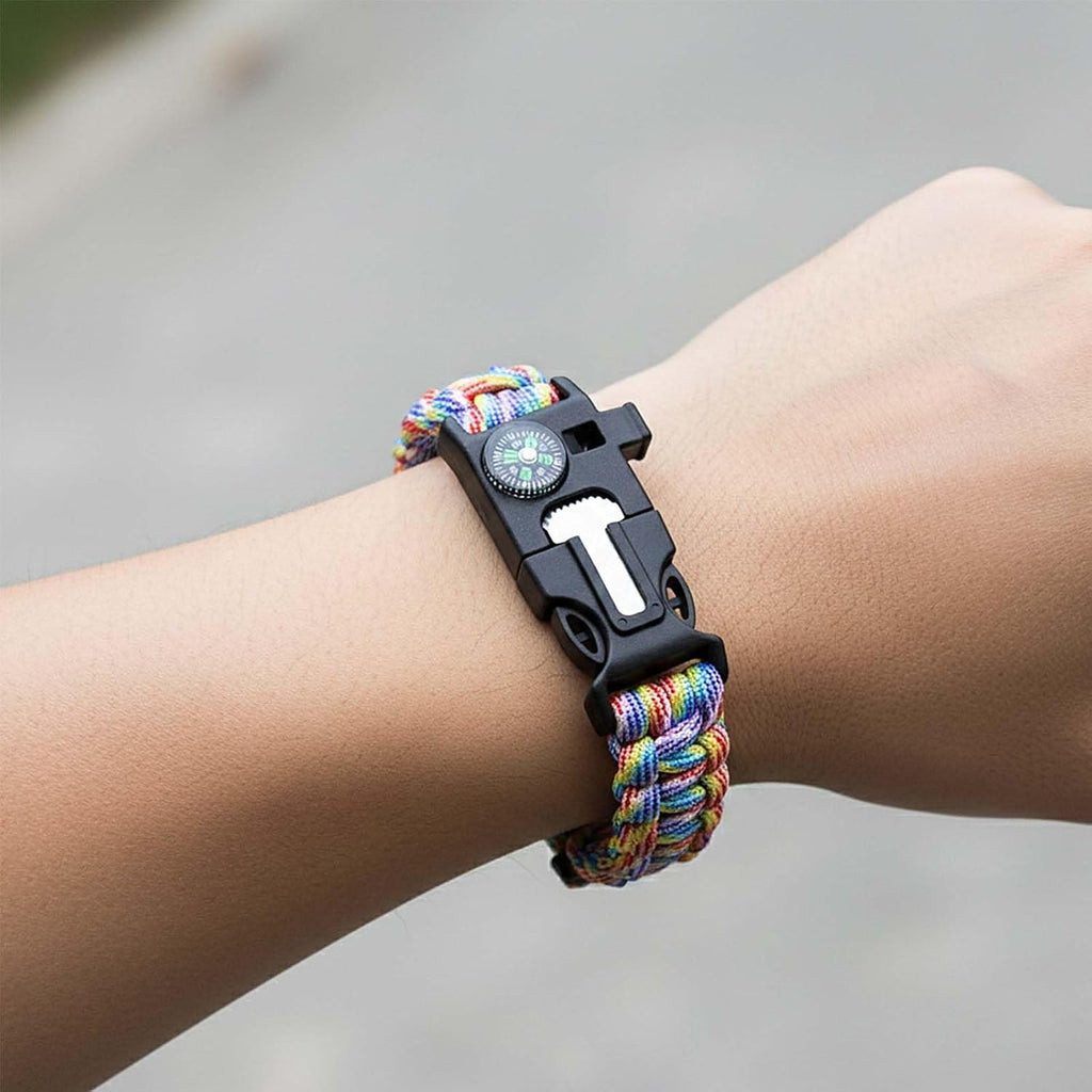 Survival Paracord Bracelet with Fire Starter Compass Whistle - Adjustable Emergency Wristband for Camping Hiking Outdoor