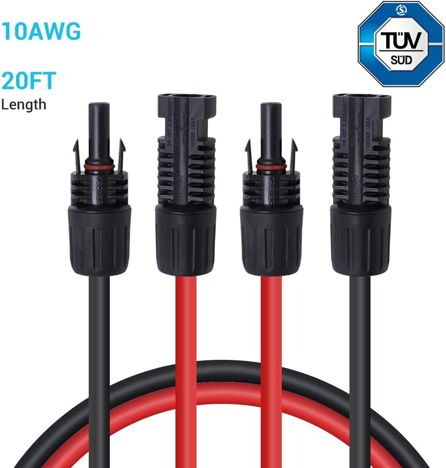 20FT 10AWG Solar Extension Cables, M&F Connector, Black&Red, 1 Pair | MC4 Wire Cord, IP65 Waterproof, UV Protection