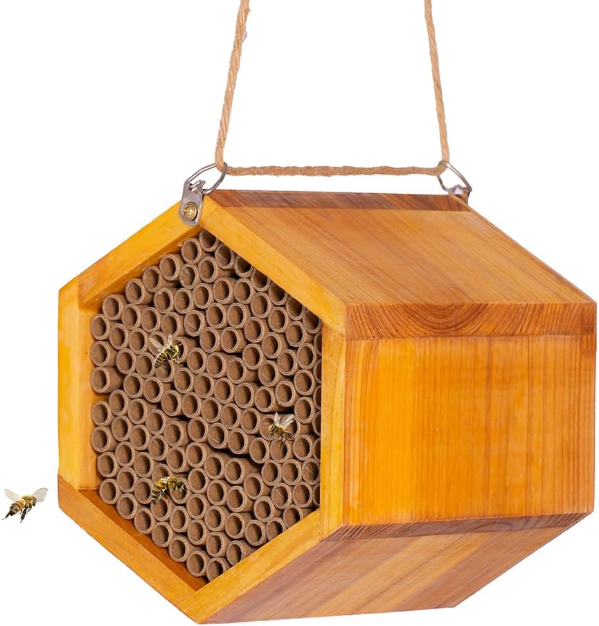 Mason Bee House - Handmade Natural Wooden Bee Hive Coated with Wax for Water-Proof and Long Service Life - Attracts