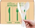 250 Count Compostable Disposable Non Plastic Silverware, Heavy Duty Biodegradable Forks Spoons Knives Cutlery Set