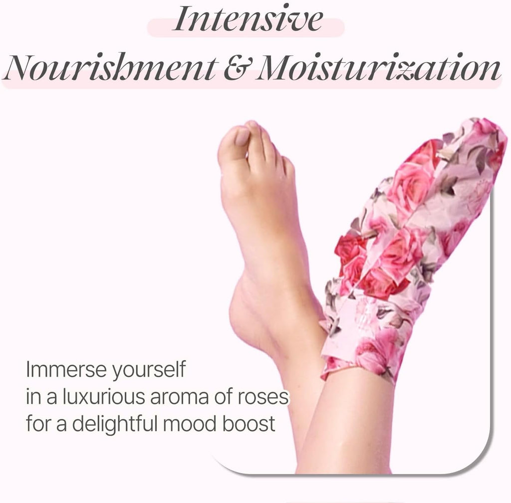 Rose Petal Satin Foot Mask (5pairs) - Korean Skin Care, Intensive Nourishing Socks, Rose Scented Foot Repair Masks