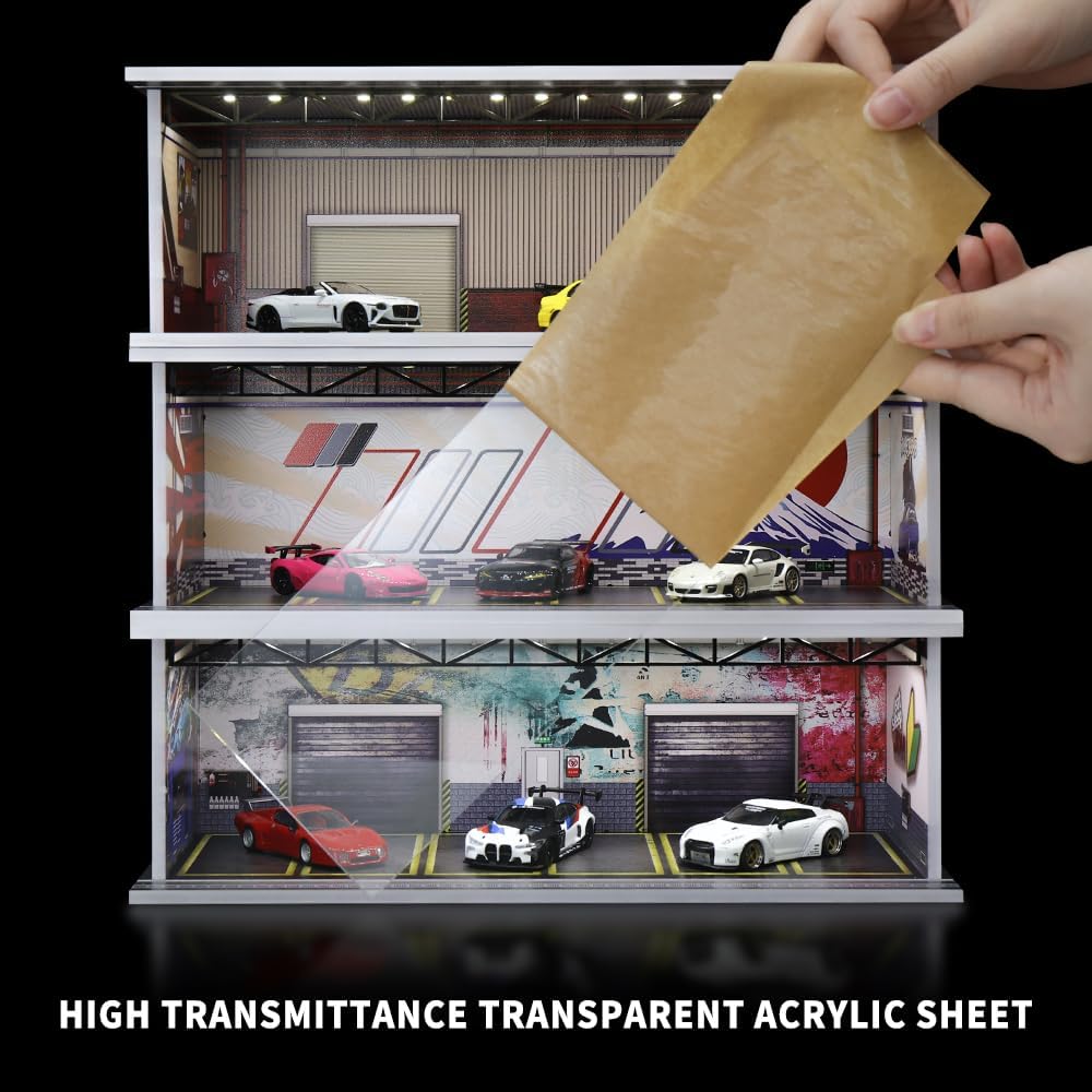 1/64 Scale Diorama Garage Display Case for Die-Cast Model Cars | Acrylic Cover, Storage with 6-Space Scene Parking
