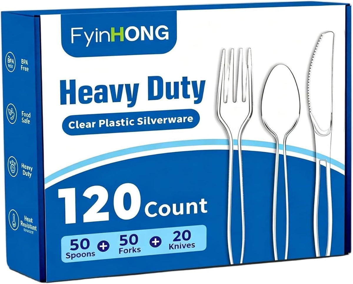 120 Count Heavy Duty Plastic Silverware Disposable Clear Plastic Utensils | 50 Forks, 50 Spoons, 20 Knives, BPA-Free
