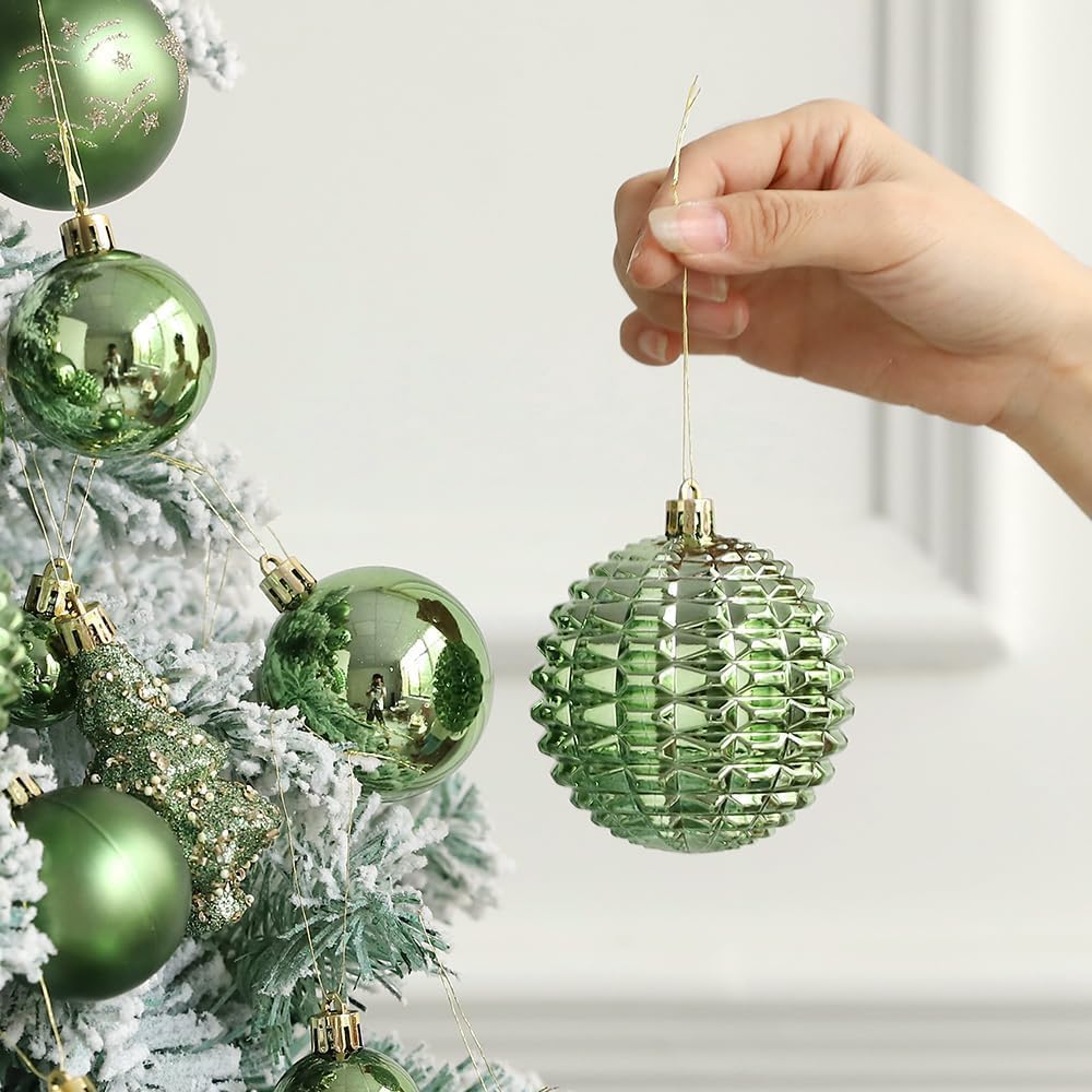 Christmas Ornaments Set, 48ct Green Shatterproof Christmas Tree Decorations Ball Large Glitter Christmas Flowers