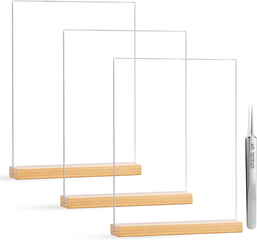 Acrylic Sign Holder 8.5×11 Inches with Wood Base, 3 Pack – Double-Sided Tabletop Clear Display Stand for Menu, Flyer