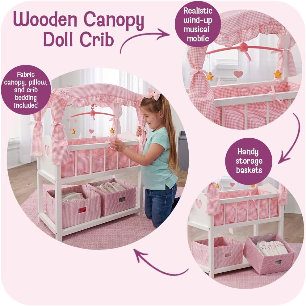 Doll Crib with Bedding, Storage Baskets, Mobile & Personalization Kit - Ideal Nursery Set for Dolls Up to 22 Inches