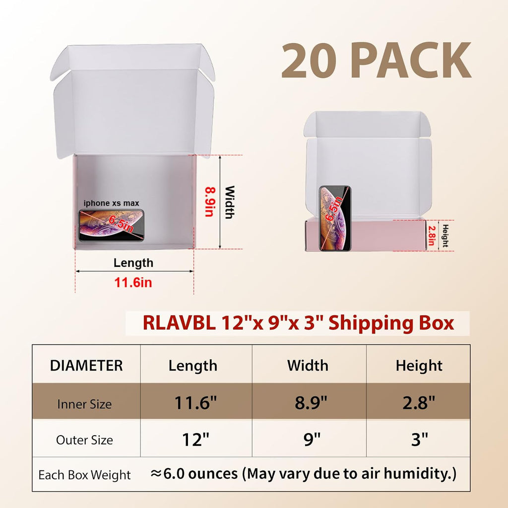 12x9x3 Shipping Boxes Set of 20, Pink Corrugated Cardboard Box for Packing, Mailing, Business, Gift