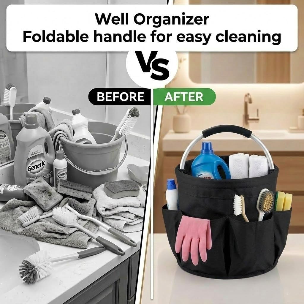 Foldable Cleaning Caddy with Handle 17L Large Cleaning Supplies Organizer 600D Oxford Portable Bucket Basket with 6