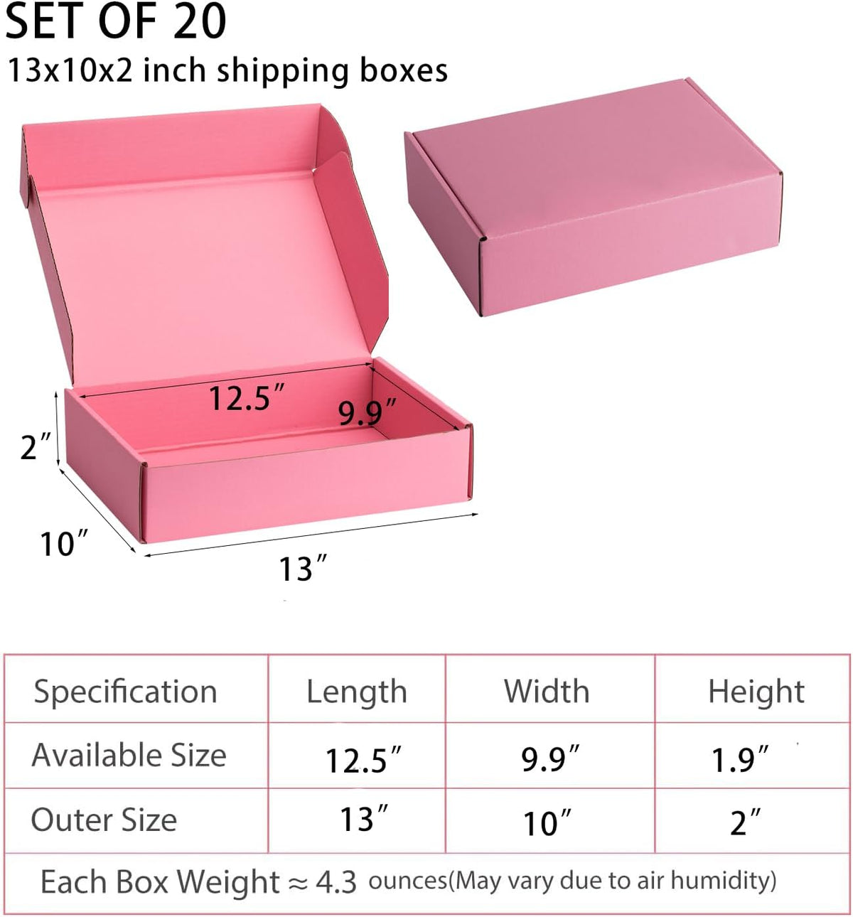 Pink Shipping Boxes 13x10x2 Inches, 20 Pack