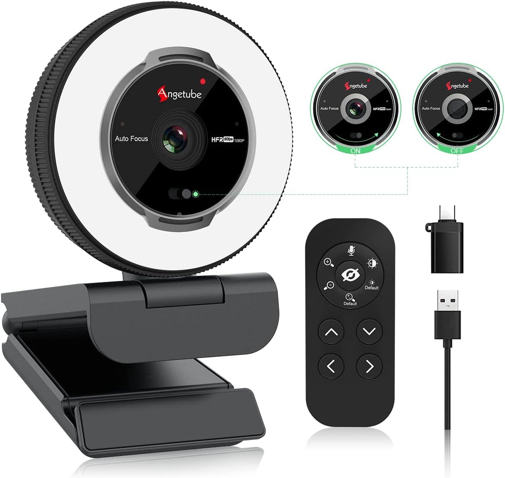 Streaming Webcam with Microphone, USB 1080P Web Cam w/Ring Light | Remote Control, 1080P@60FPS, 5X Digital Zoom