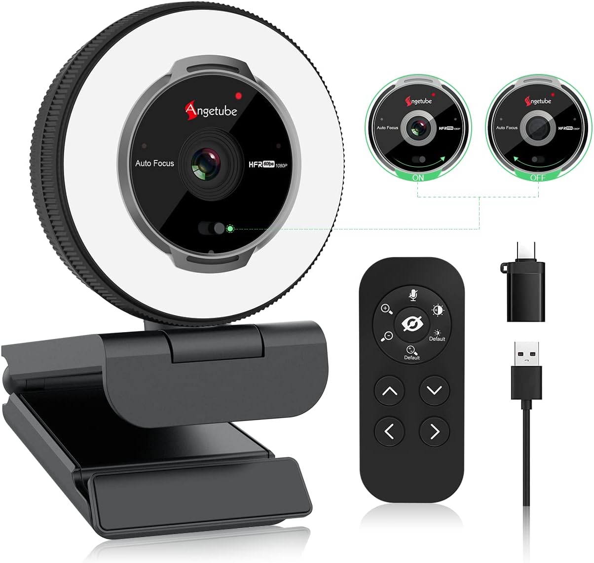 Streaming Webcam with Microphone, USB 1080P Web Cam w/Ring Light | Remote Control, 1080P@60FPS, 5X Digital Zoom