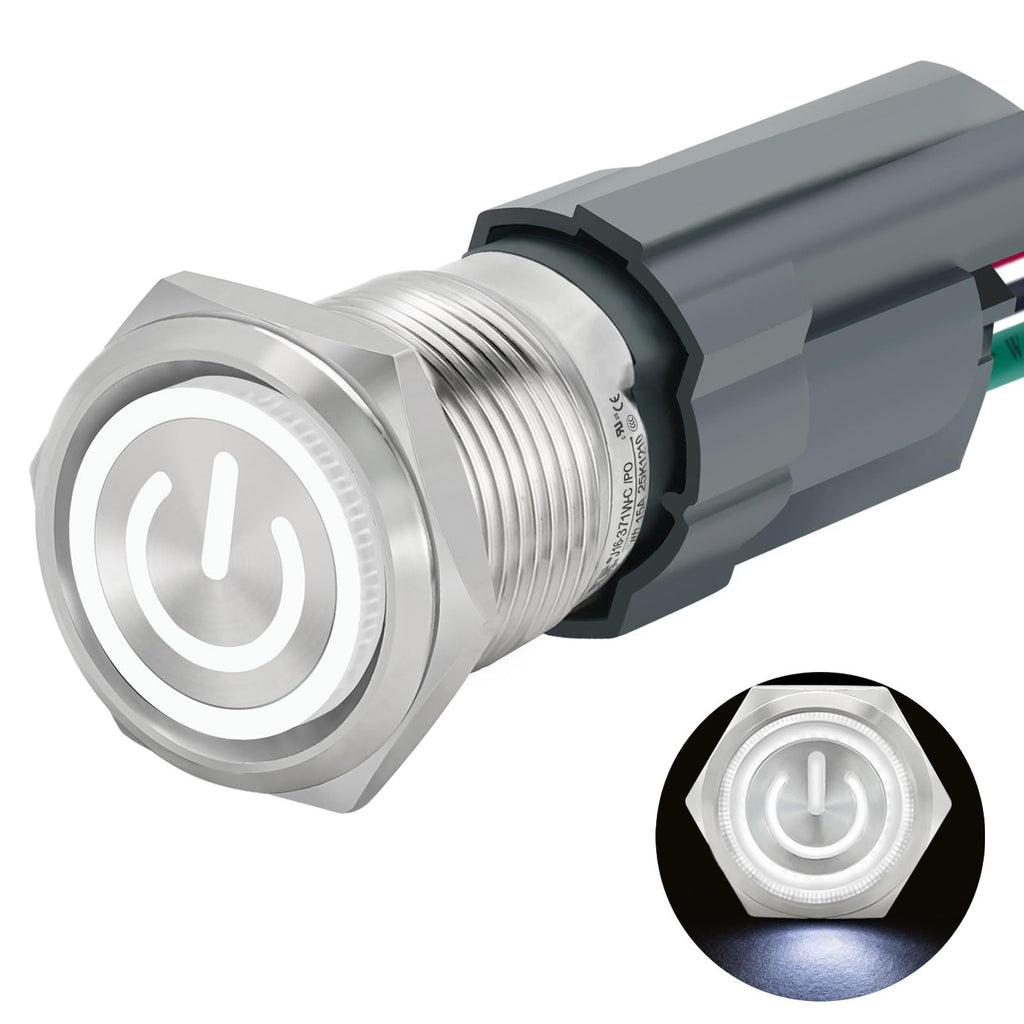 UL Listed 15Amp 16mm Latching Push Button Switch 12V-24VDC IP67 Waterproof; SPST 1NO, with LED Angel Eye Light;