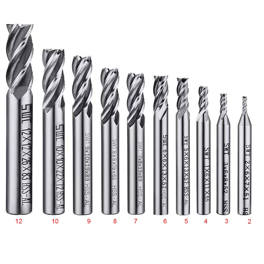 10Pcs 4-Flute End Mill Set, Metric CNC Milling Cutter Drill Bits Set 2-12mm